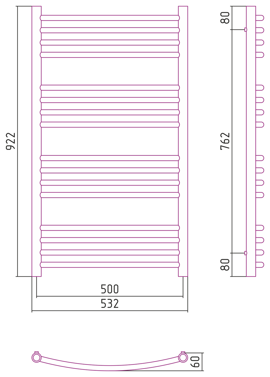 Полотенцесушитель комбинированный Сунержа Богема-ПРОФИ выгнутый 1000x500. 00-5101-1050